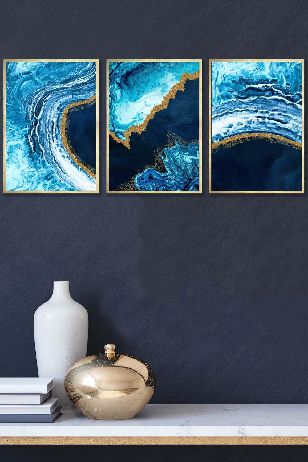 Abstract Navy, Blue and Gold Oceans Framed Wall Art - Medium